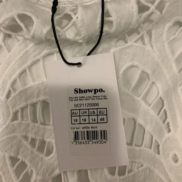 Showpo White Lace 2 Piece Set Long Sleeve Crop Top & Mini Skirt Size 14 - Picture 6 of 6